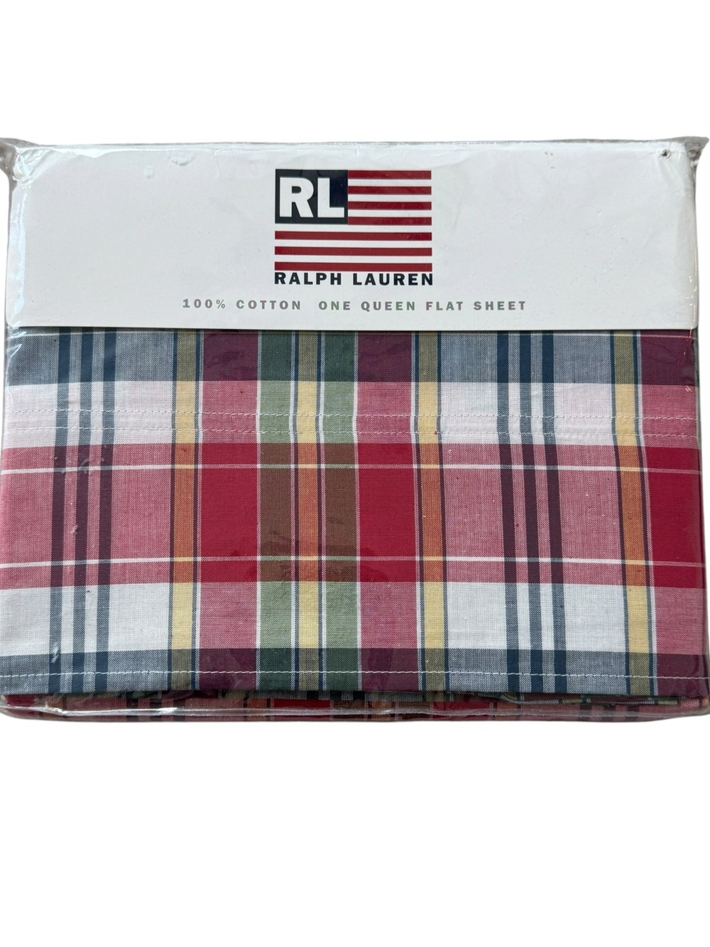 Vintage Ralph Lauren Sundeck Plaid Queen Flat Sheet NOS 90s Red Madras Cotton